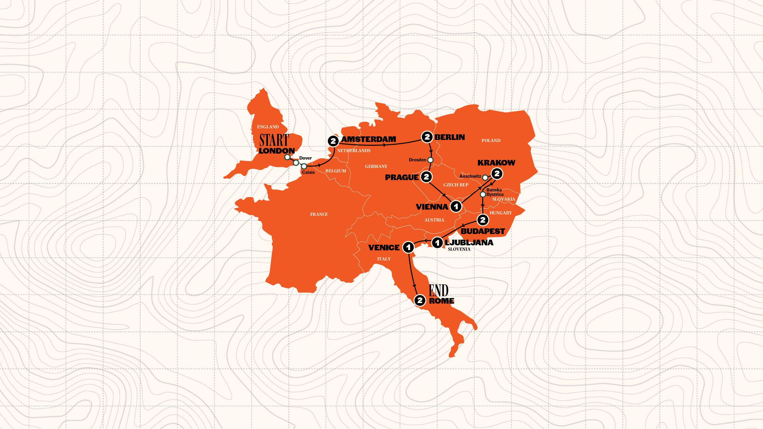 Map of London to Rome Trail | Start Amsterdam | Hostels | Winter | 27/28 from Contiki