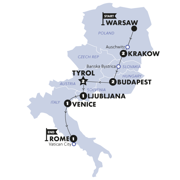 Warsaw to Rome Vistas Winter Trip Map
