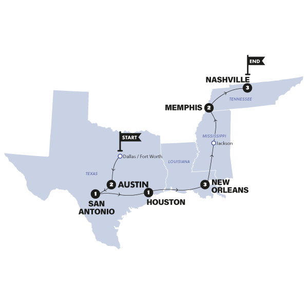 tourhub | Contiki | USA: Boot Scoot N Blues | 2026 | Tour Map
