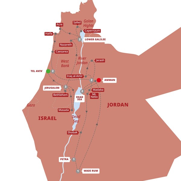 tourhub | Trafalgar | Best of Israel and Jordan with Dead Sea Extension | WSJOXTZM19 | Route Map