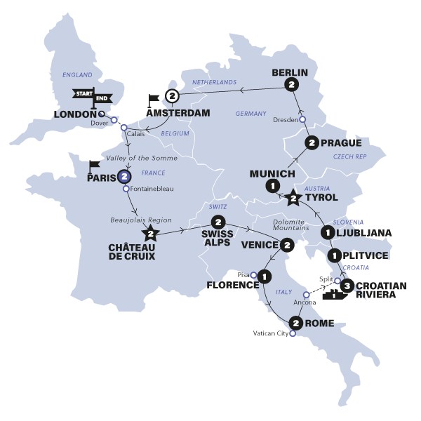 tourhub | Contiki | European Contrasts | Start London | Summer | 2024 | Tour Map