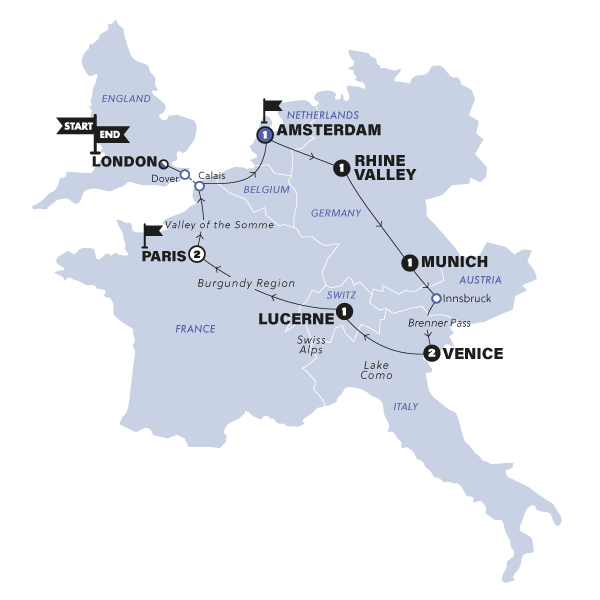 tourhub | Contiki | European Magic | Start London |Summer | Season 2024 | Tour Map