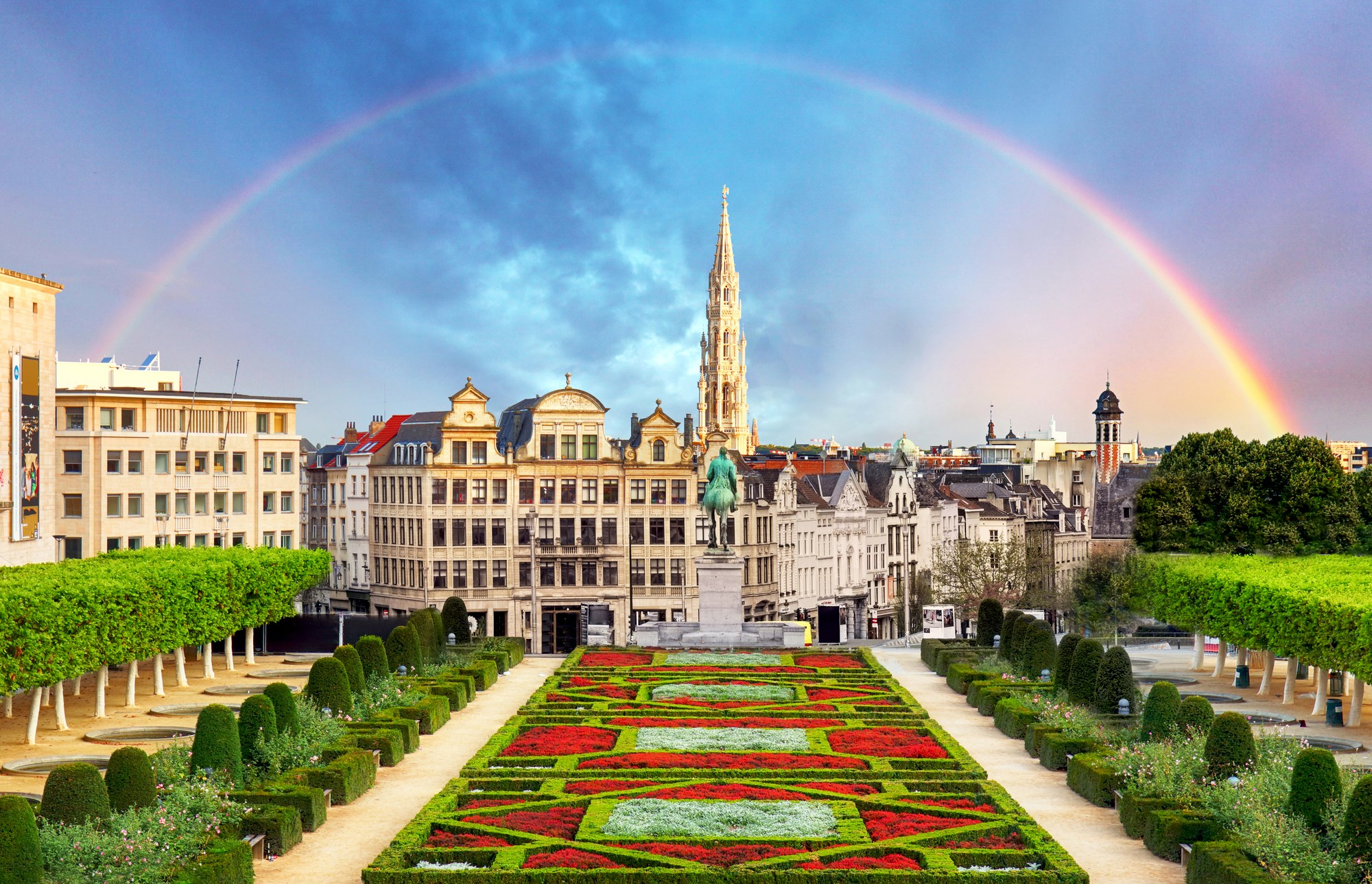 A rainbow over the public garden in the Mont des Arts in Brussels, Belgium 
