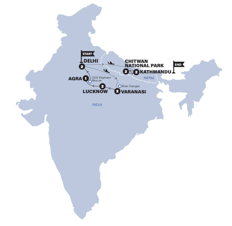 tourhub | Contiki | Delhi to Kathmandu | 2024-2025 | Tour Map