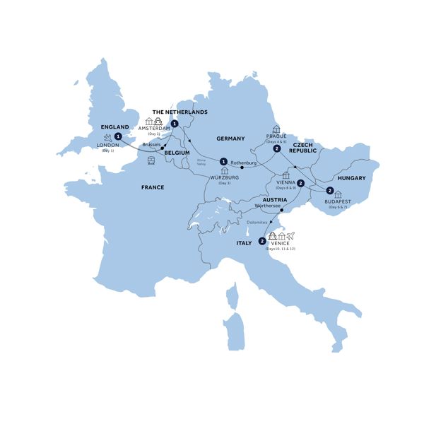 European Rhapsody - Start London, Classic Group Itinerary Map