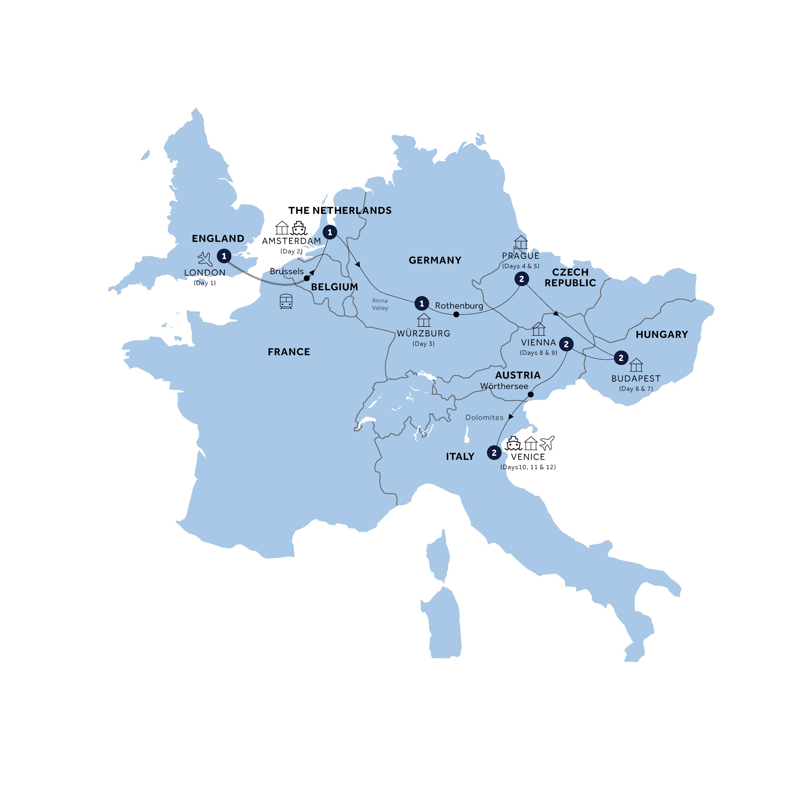 European Rhapsody - Start London, Small Group Itinerary Map