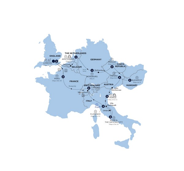 tourhub | Insight Vacations | Romantic European - Start London, Return Eurostar, Small Group | Tour Map