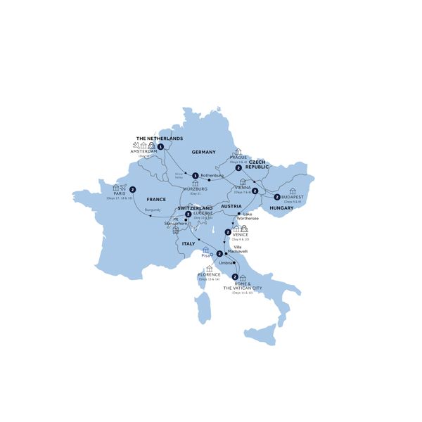 Romantic European - Start Amsterdam, End Paris, Small Group Itinerary Map