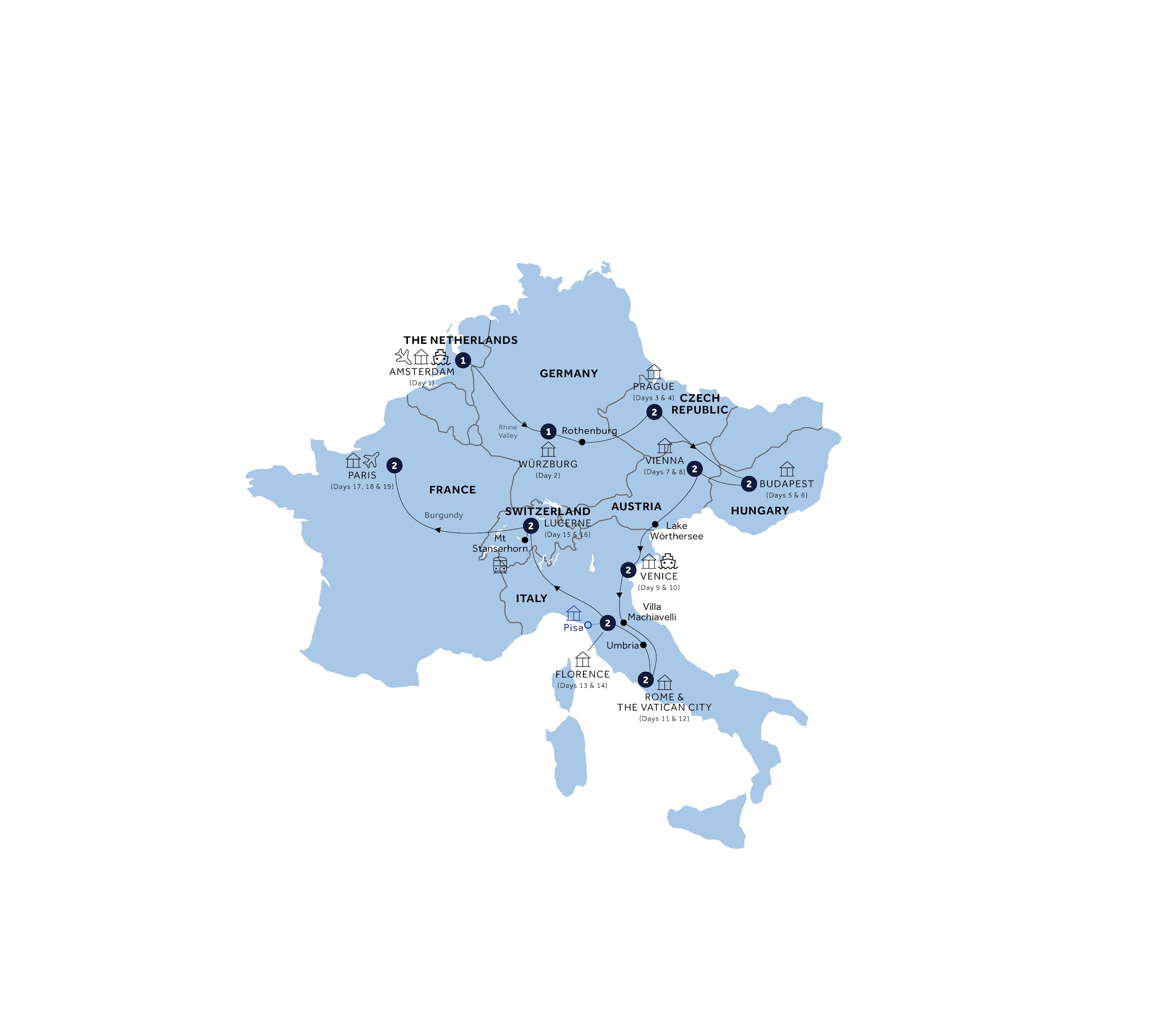Romantic European - Start Amsterdam, End Paris, Classic Group Itinerary Map
