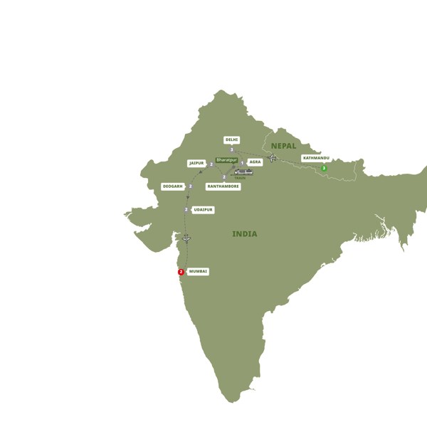 tourhub | Trafalgar | Colours of Rajasthan with Mumbai, with Nepal Extension | Tour Map