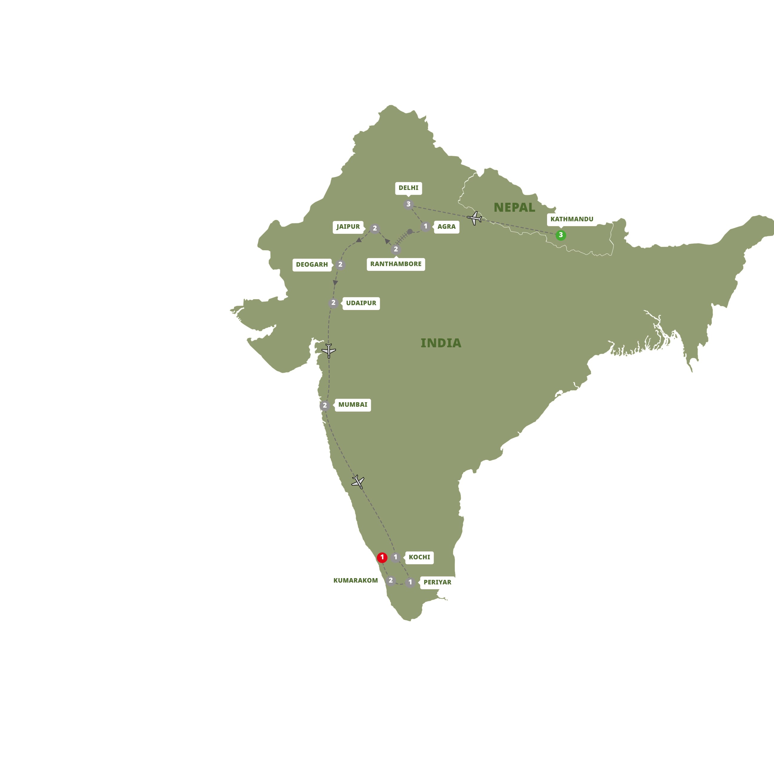 tourhub | Trafalgar | Uncover India: Delhi to Kerala | INDNZN19 | Route Map