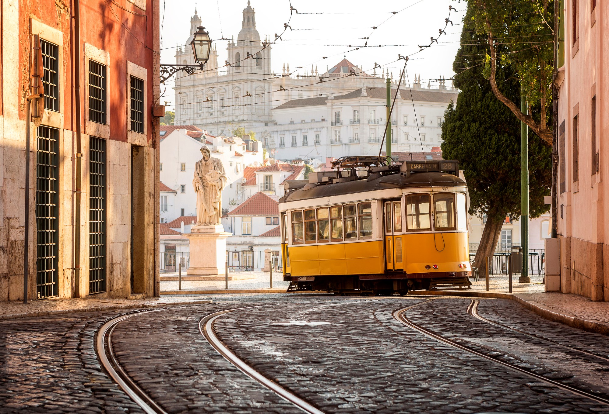 Iconic tram in the old town of Lisbon, Portugal