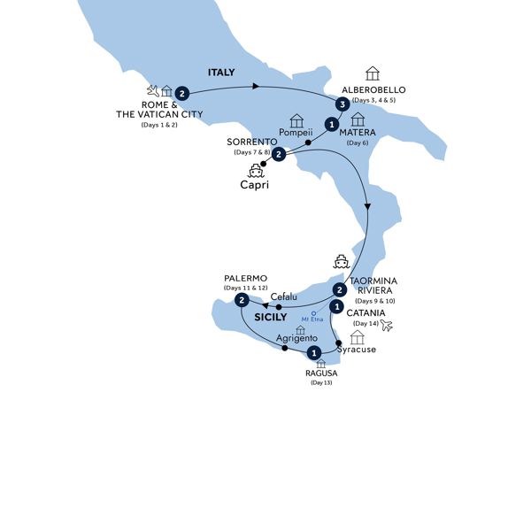 Country Roads of Southern Italy & Sicily - Small Group Itinerary Map