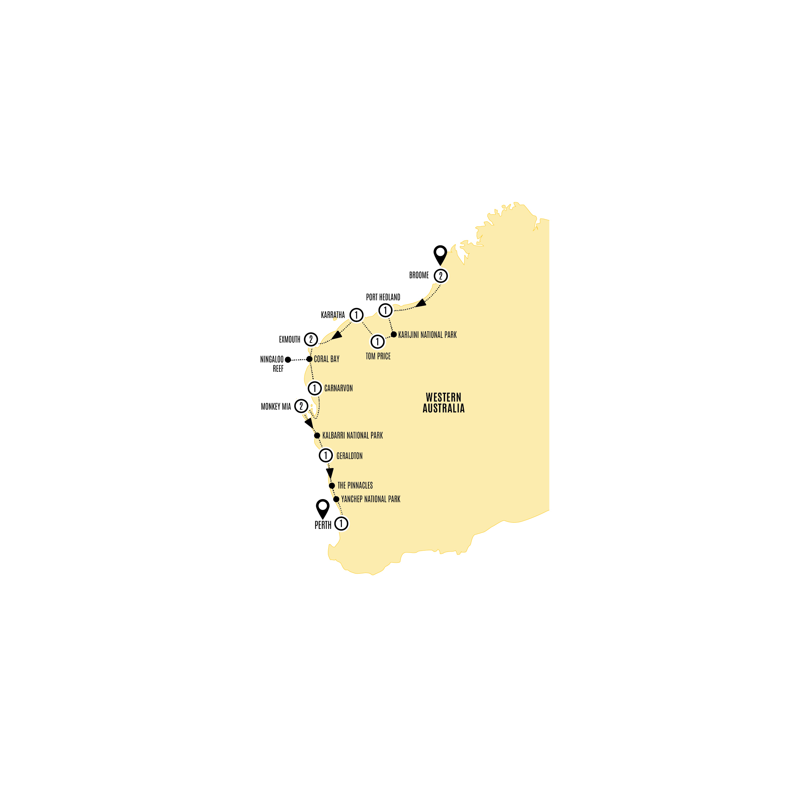 Untamed Pilbara and West Coast Guided Tour Map 2026-27-28