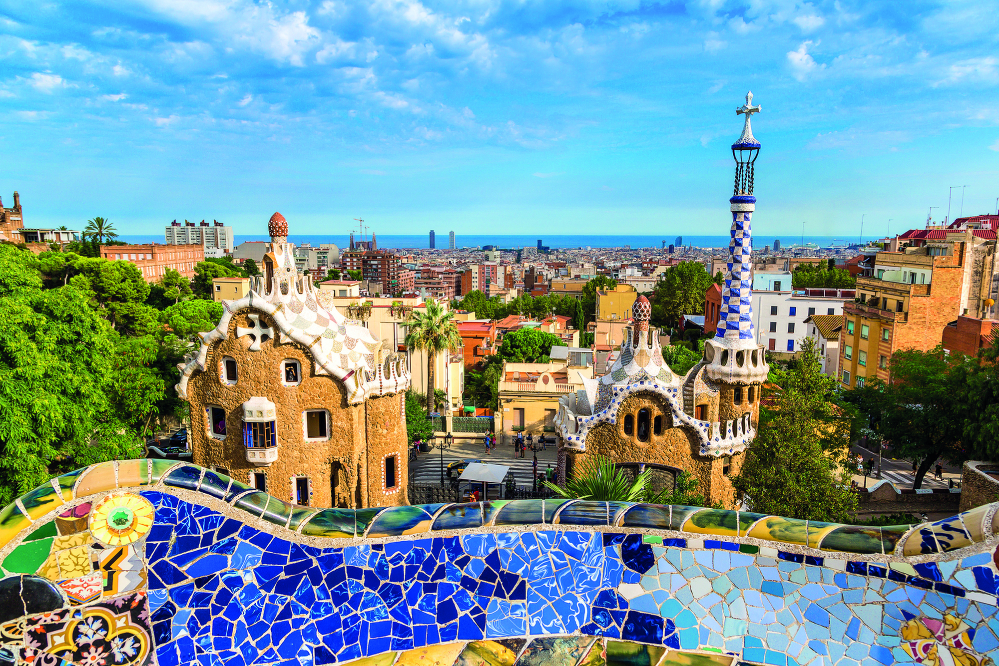 View over Barcelona from Park Guell by architect Gaudi, Barcelona, Spain