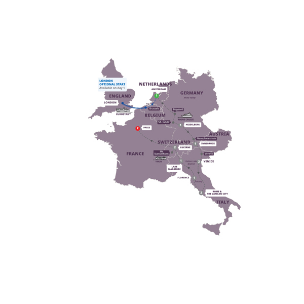 Highlights of Europe start Amsterdam Itinerary Map
