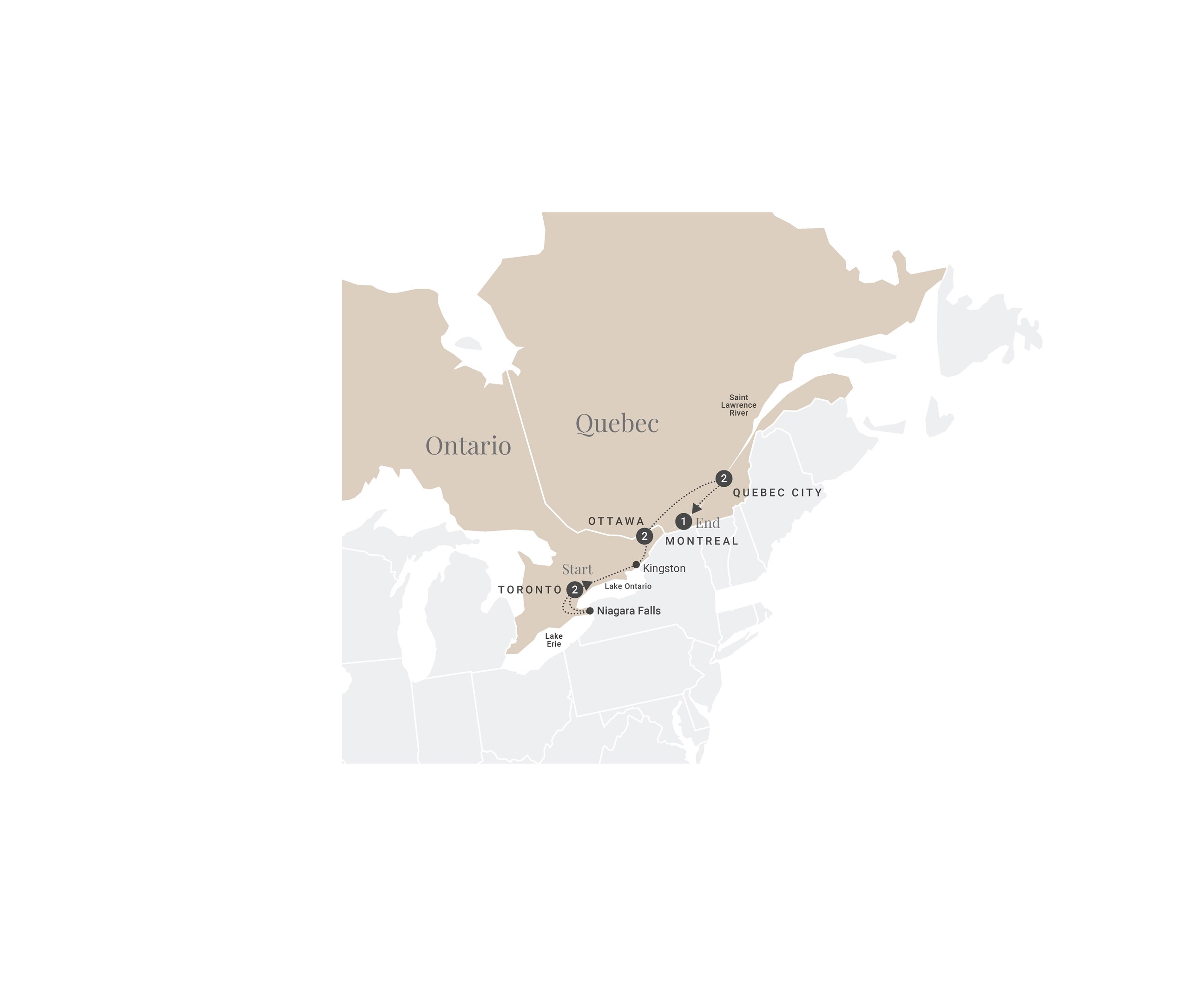 tourhub | Luxury Gold | Indulgence in Eastern Canada | Tour Map