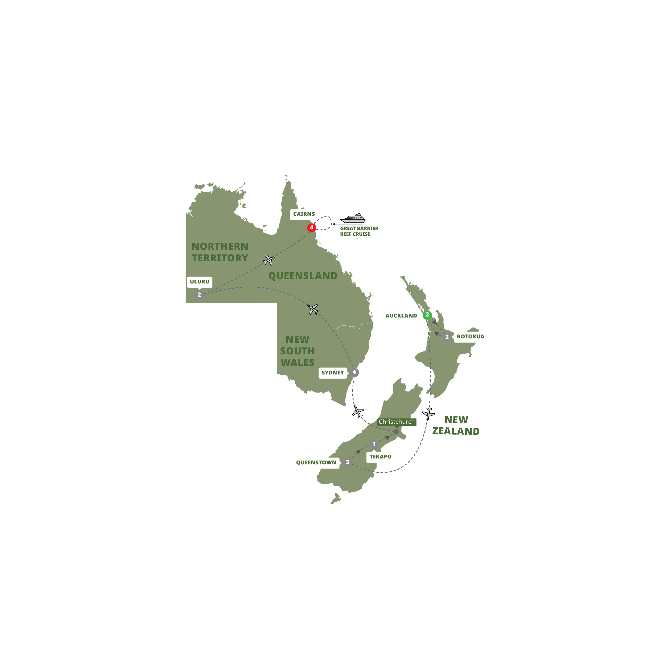 Map of Bucket List New Zealand and Australia from Trafalgar