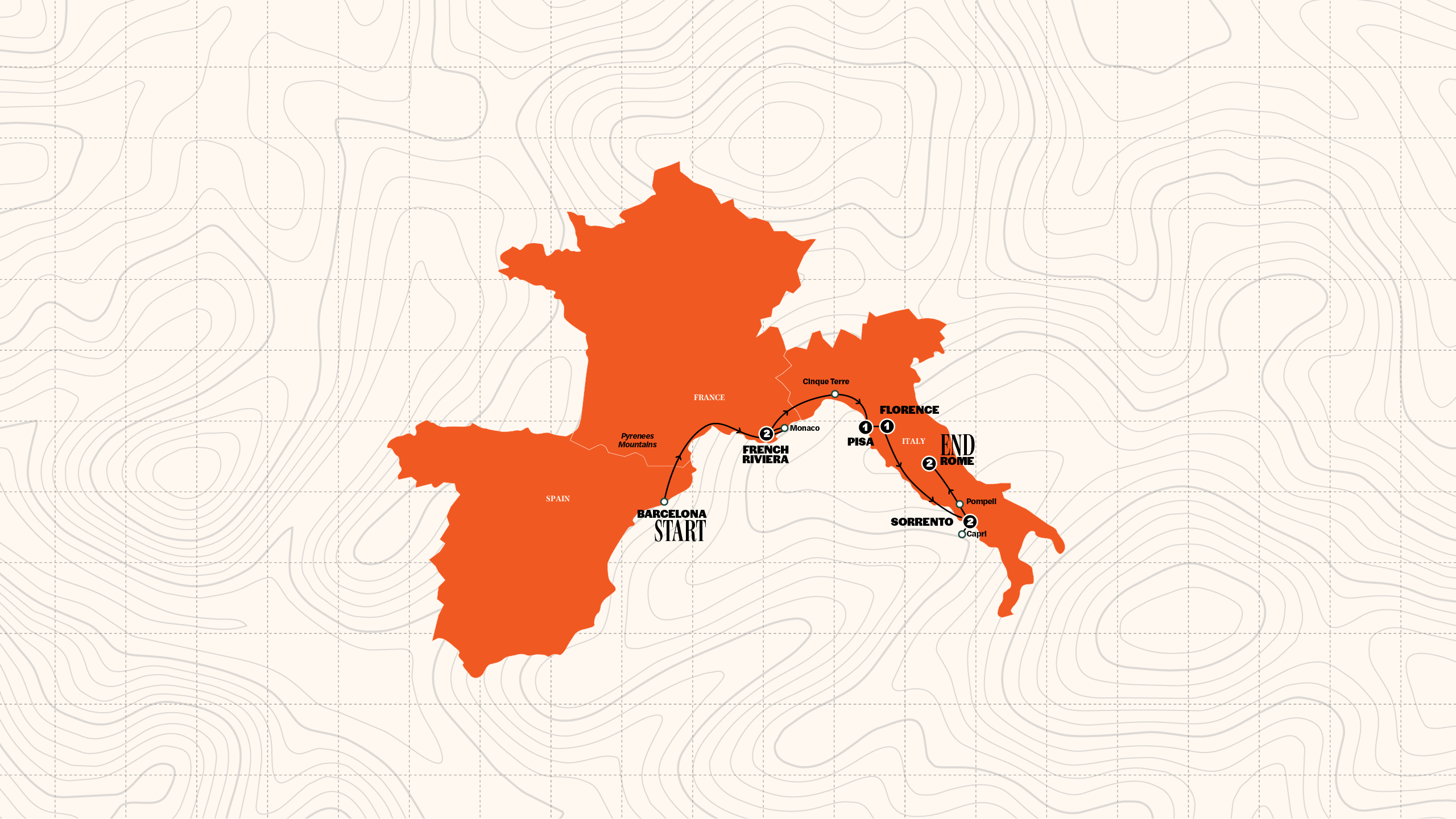Map of Barcelona to Rome Quest | Hostels | Summer | 2027 from Contiki