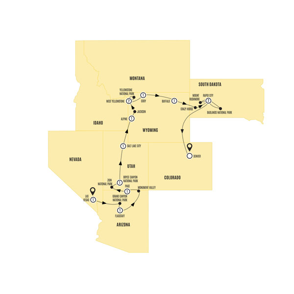 Spectacular Canyons and National Parks End Denver Itinerary Map