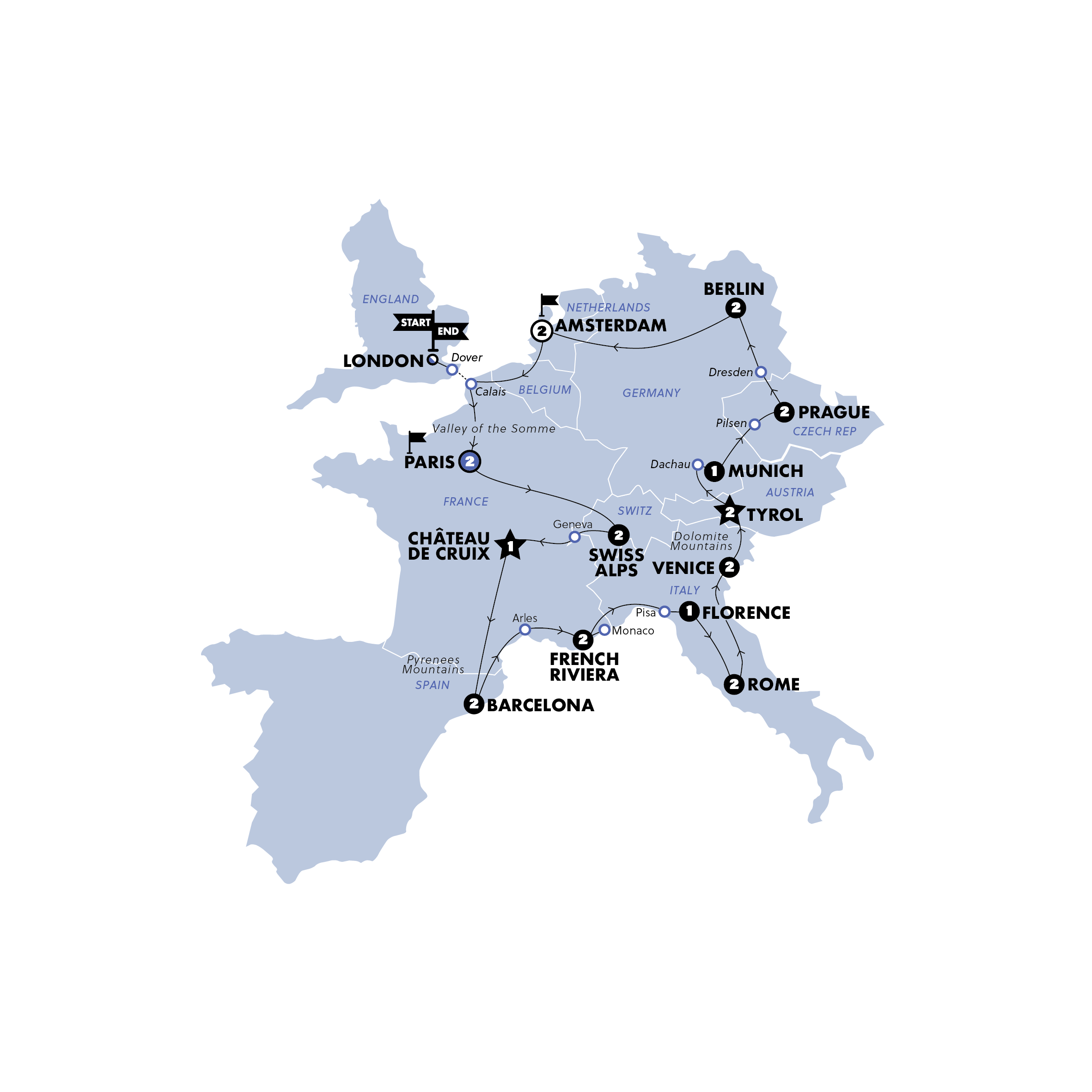 tourhub | Contiki | European Escapade | Standard | Start London | Summer 2026 | Tour Map