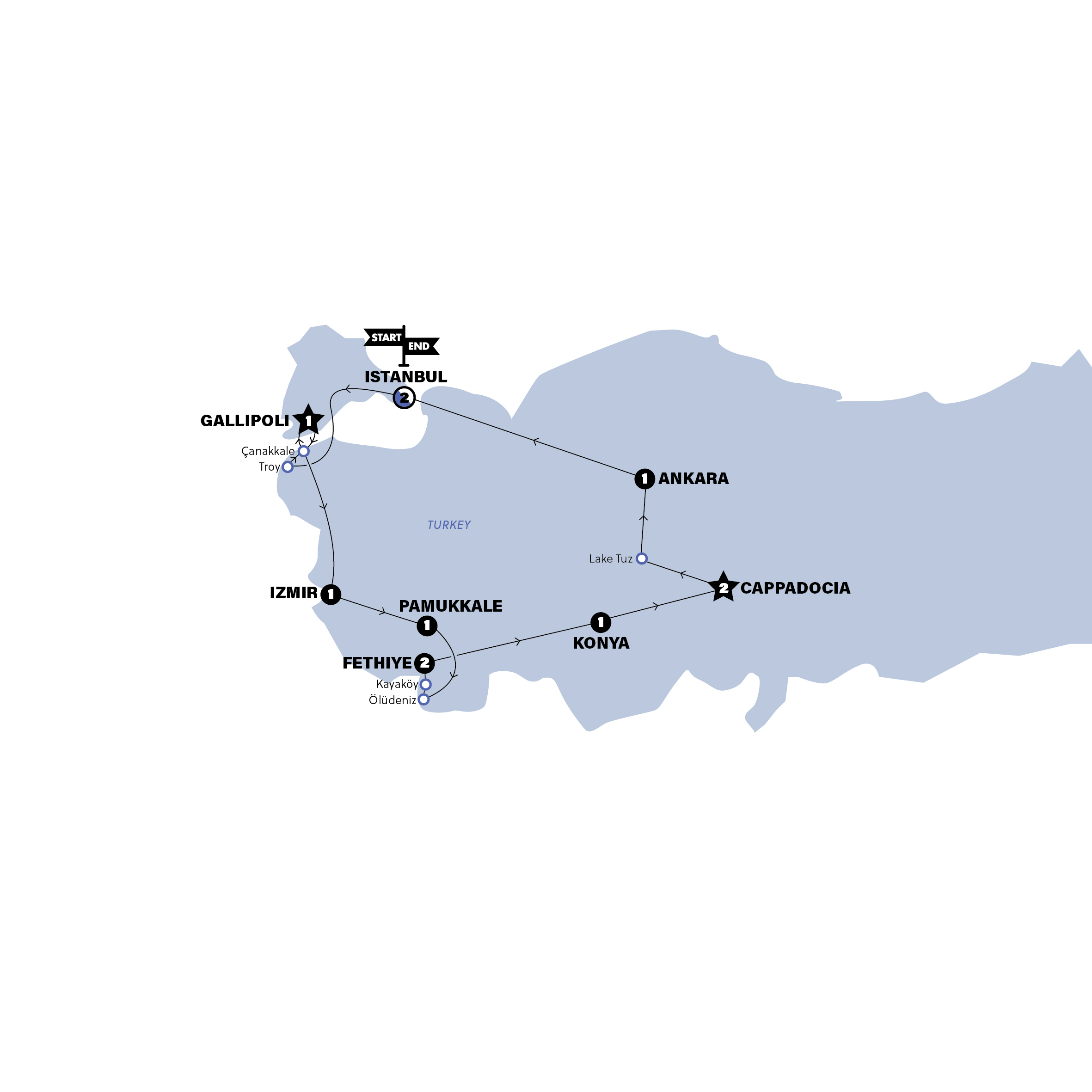 Map of Best of Turkey | ANZAC Day | Summer 2027 from Contiki