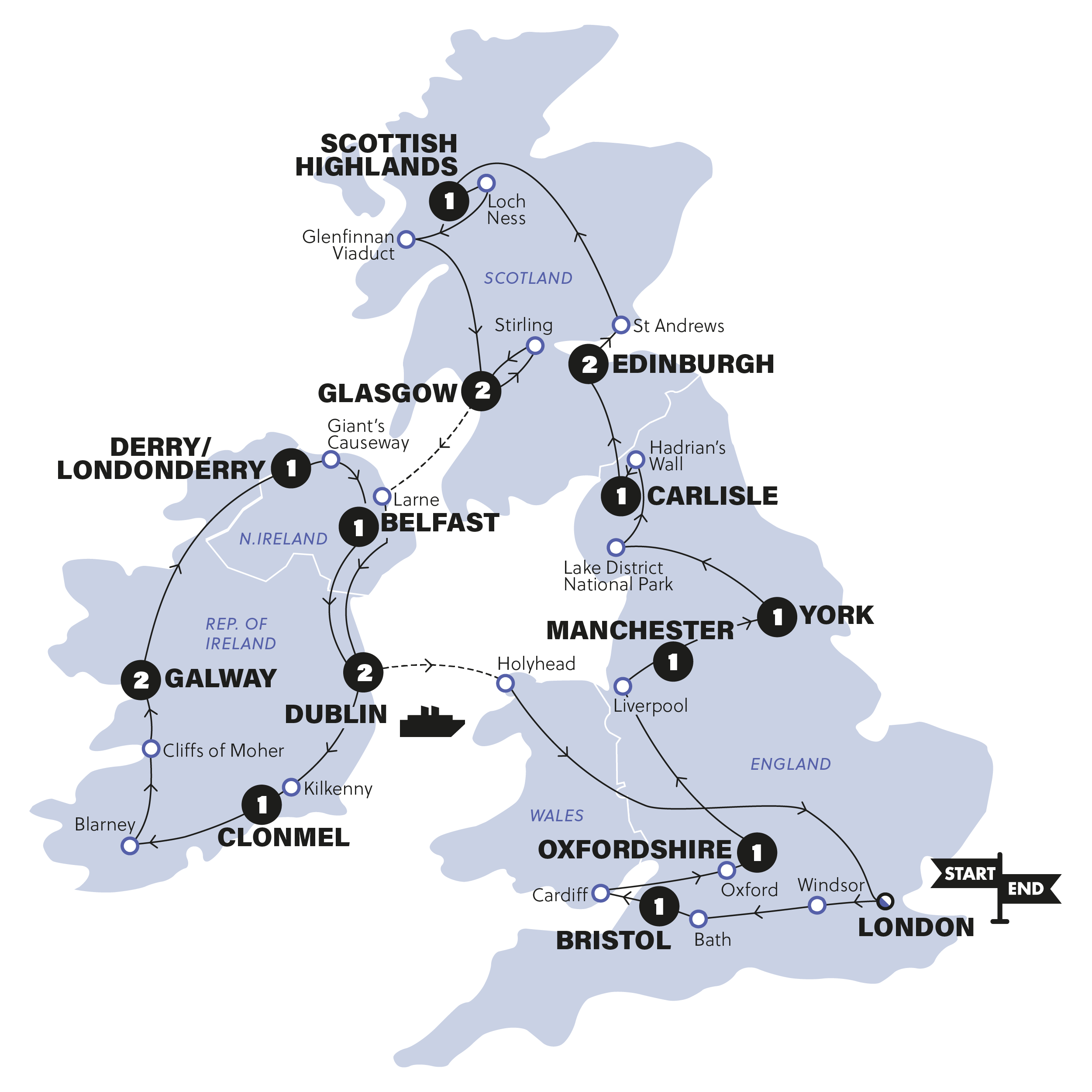 tourhub | Contiki | Great Britain & Ireland | Summer | 2025 | Tour Map
