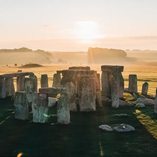 An aerial view of Stonehenge at sunrise Salisbury Plain in Wiltshire, England