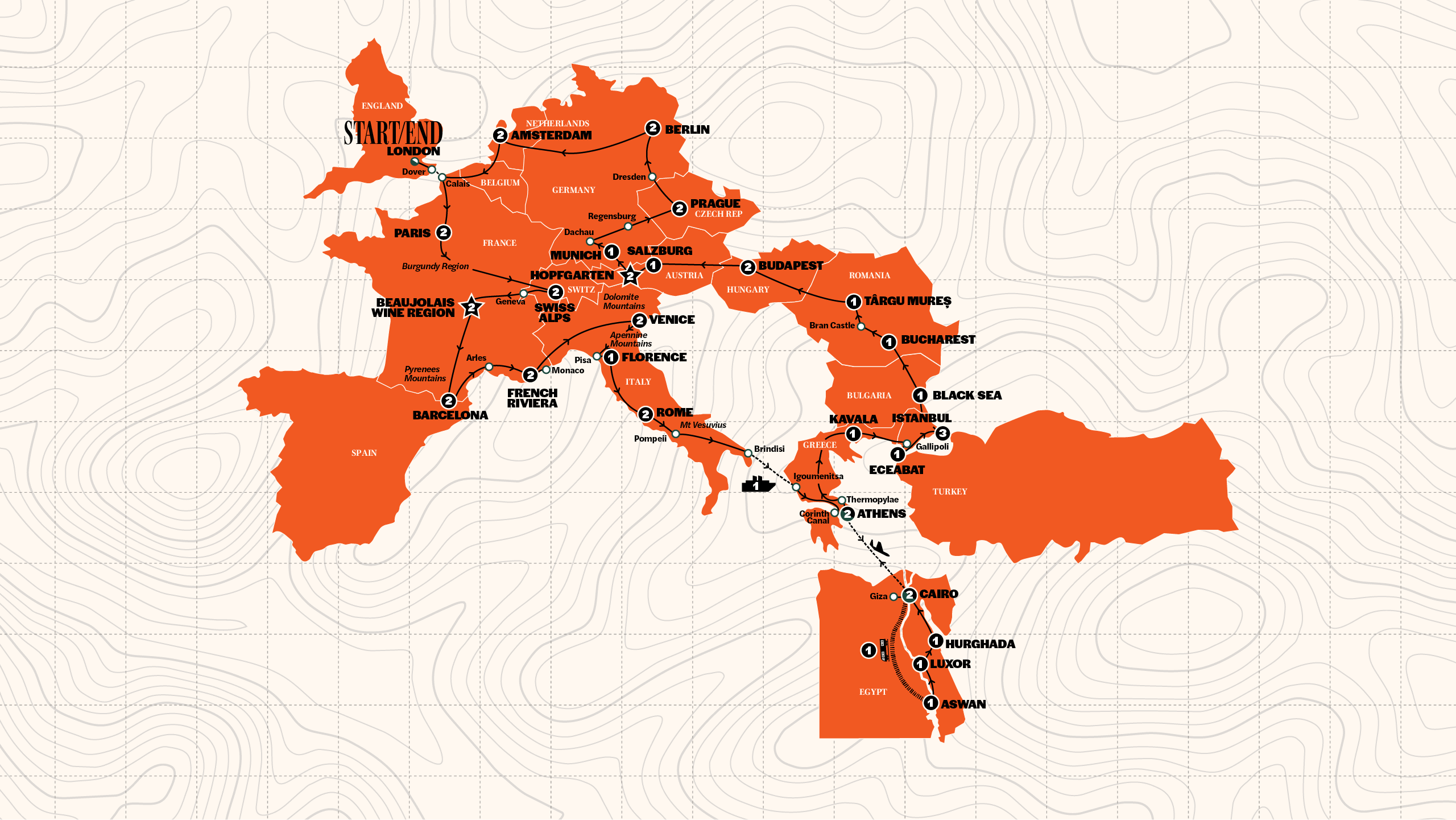 Map of Ultimate European plus Egypt | Start London | 2028 from Contiki