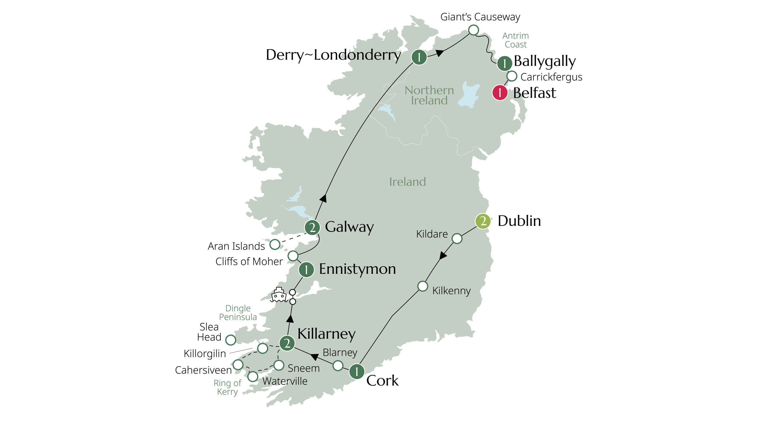 Map of Country Roads of Ireland (Ends in end Belfast) from Brendan Vacations