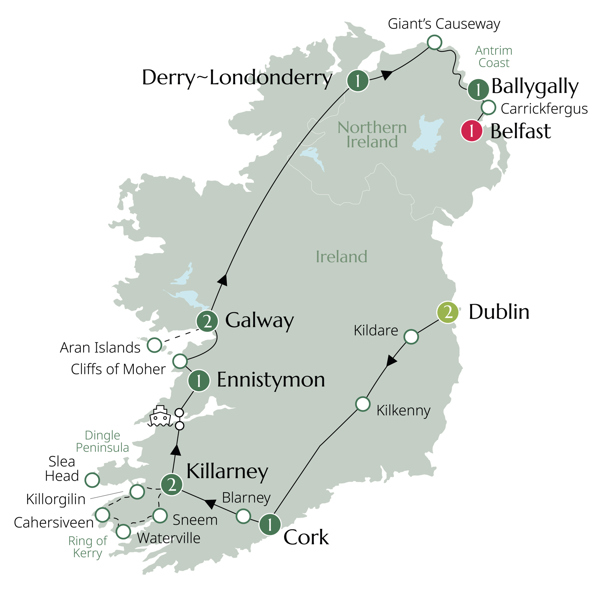 Country Roads of Ireland - End Belfast, Classic Group Itinerary Map