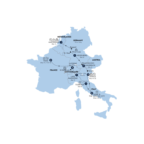 Highlights of Europe - Start Amsterdam, End Paris, Classic Group, Summer Itinerary Map