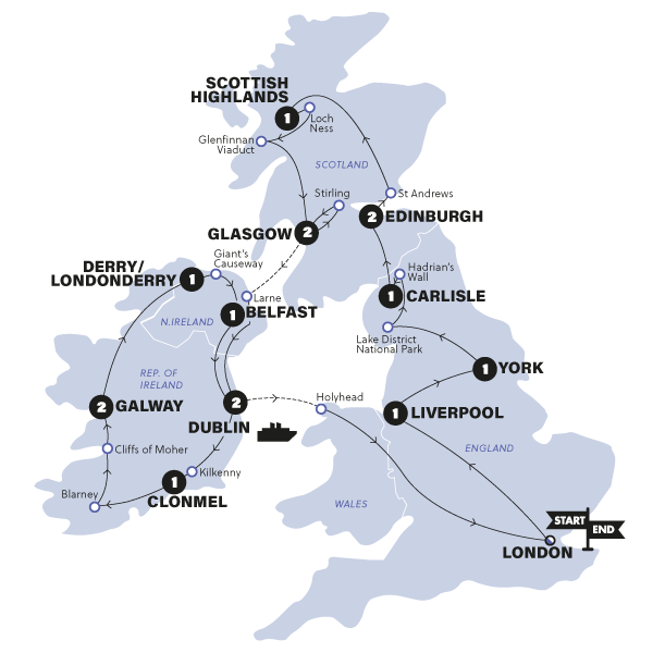 tourhub | Contiki | Great Britain & Ireland | Summer | 2024 | Tour Map
