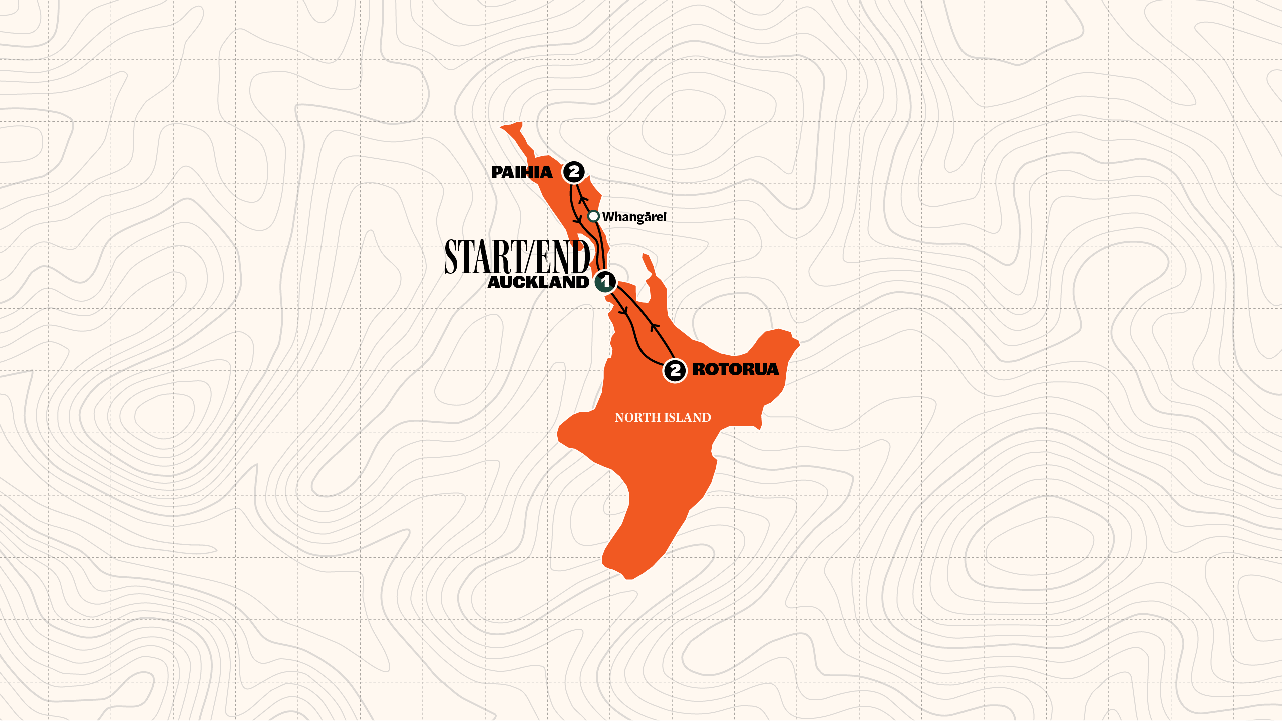 Map of NZ: Bay of Islands & Rotorua from Contiki