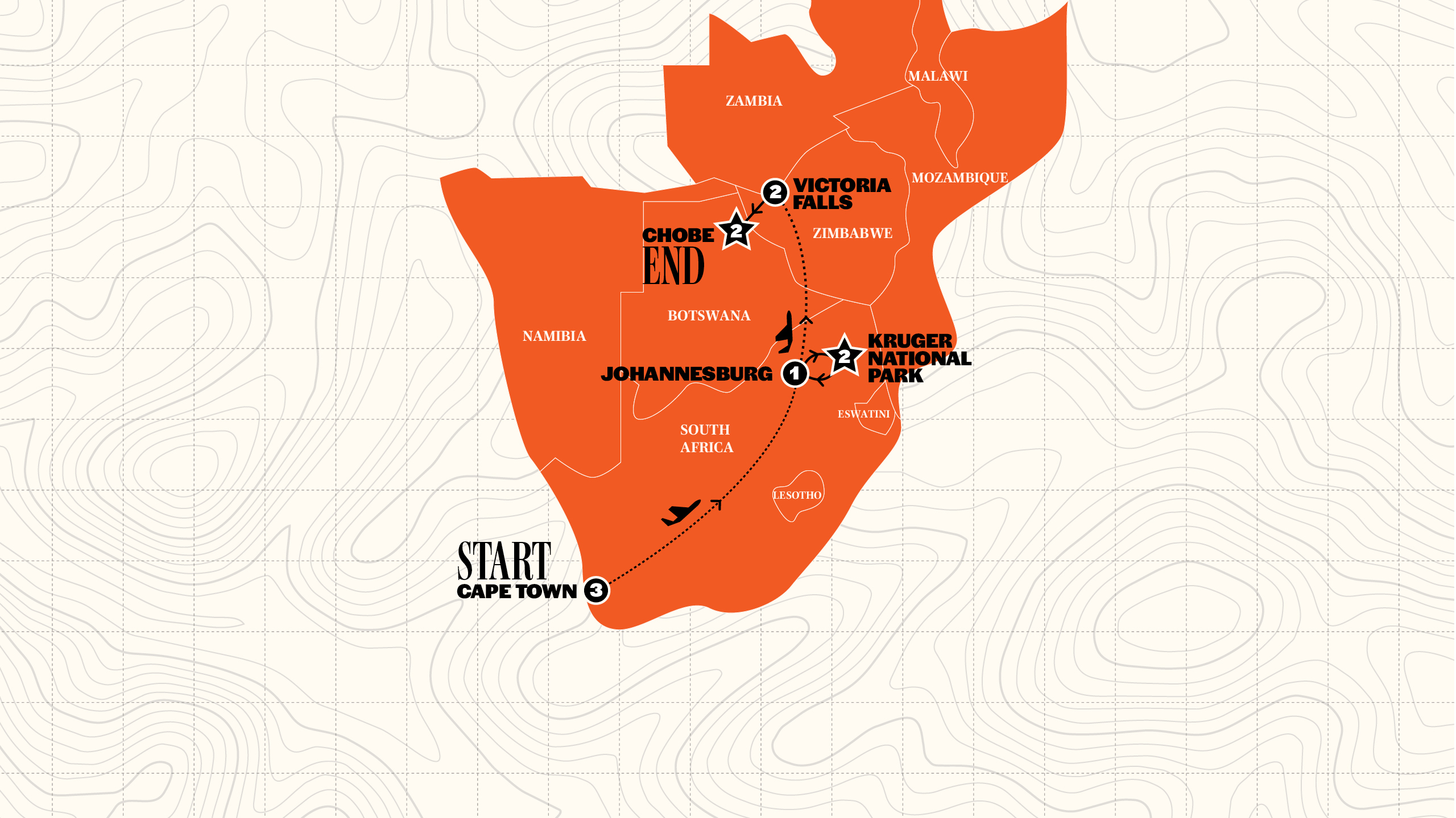Map of Cape Town, Safari & Victoria Falls | 2026 from Contiki