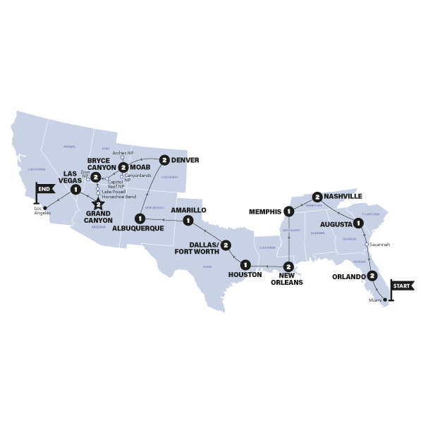 tourhub | Contiki | USA Road Trip | End Los Angeles | 2026 | Tour Map