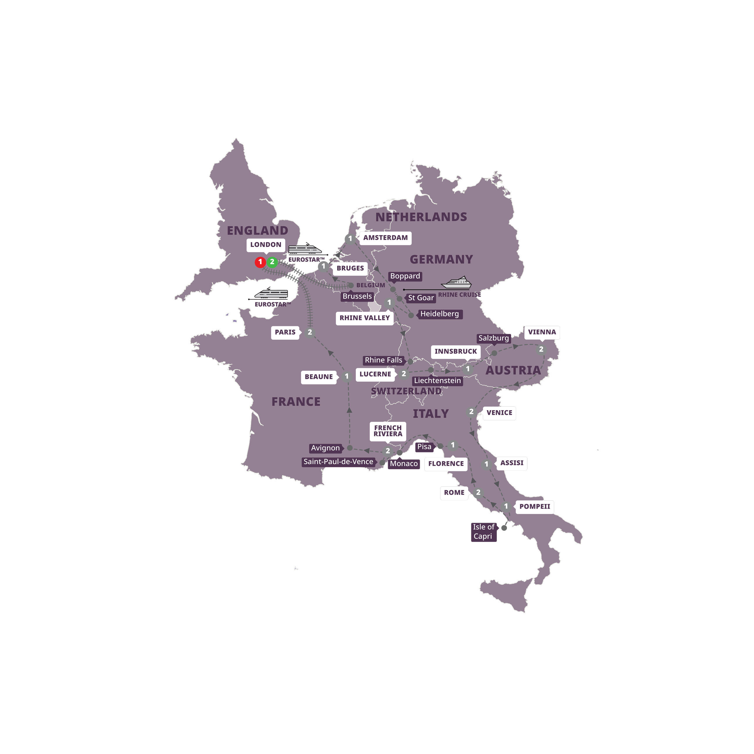 Map of Grand European with Eurostar™ Extension from Trafalgar