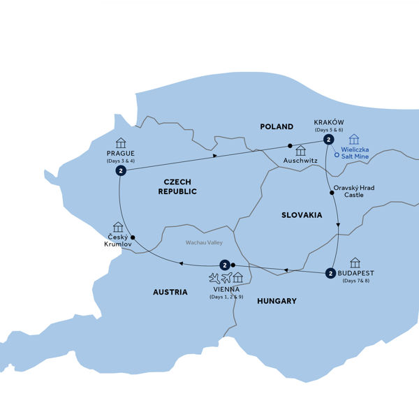 Country Roads of Central Europe - End Vienna, Classic Group Itinerary Map