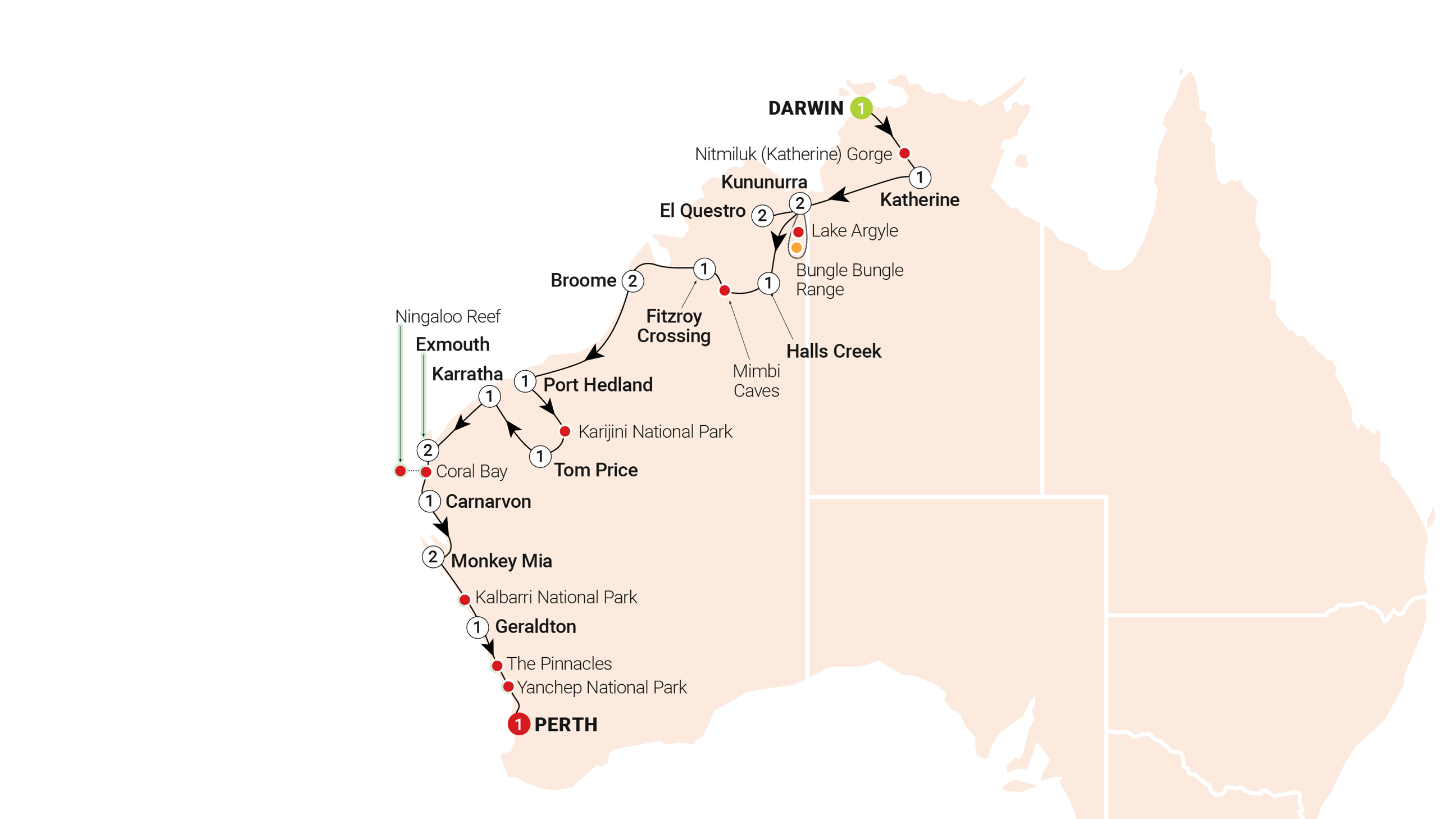 tourhub | AAT Kings | Untamed Kimberley & West Coast | Tour Map