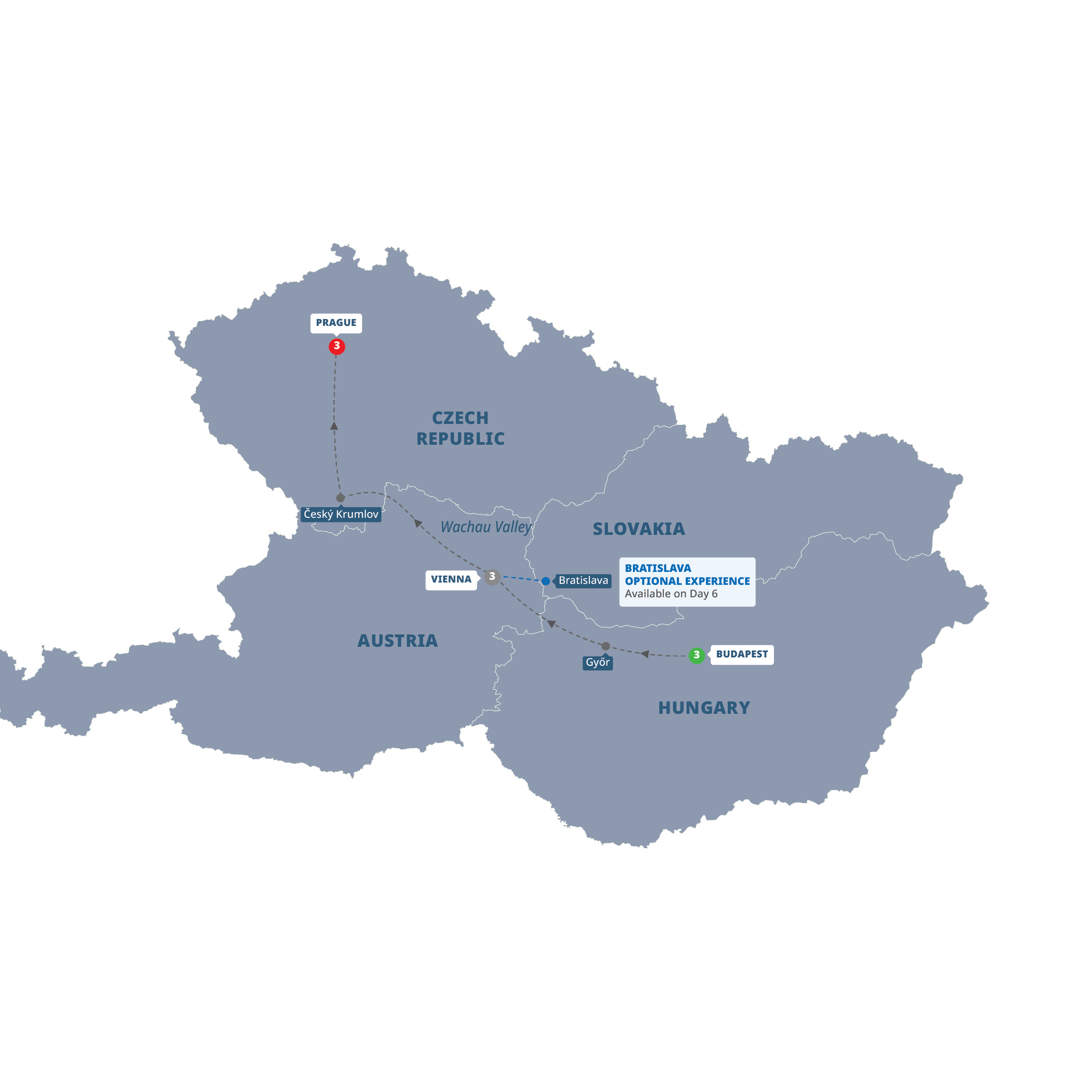 Map of Easy Pace Budapest, Vienna & Prague from Trafalgar