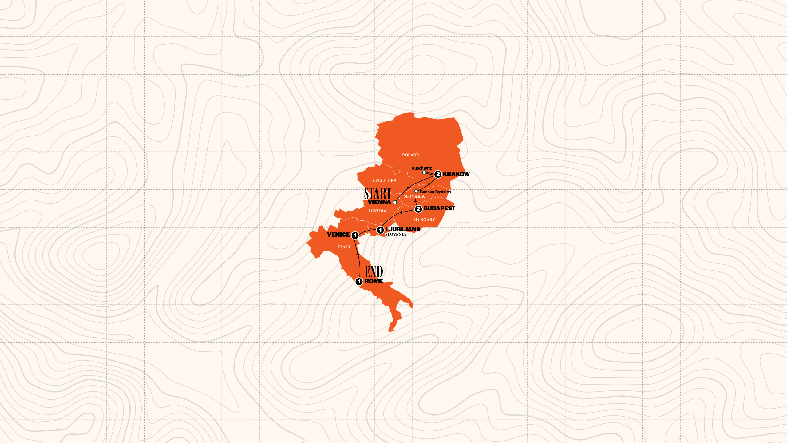 Map of Vienna to Rome Trail | Hostels | Summer | 2026 from Contiki