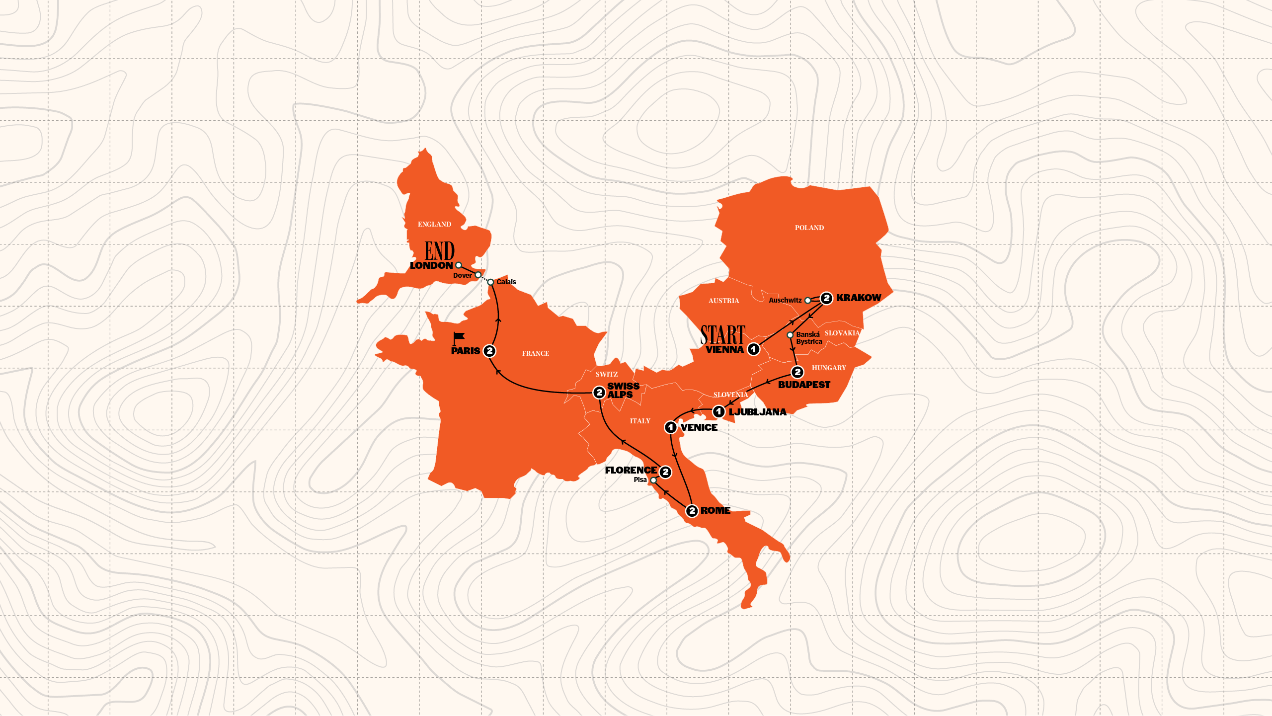 Map of Vienna to London Trail | Hostels | Winter | 26/27 from Contiki