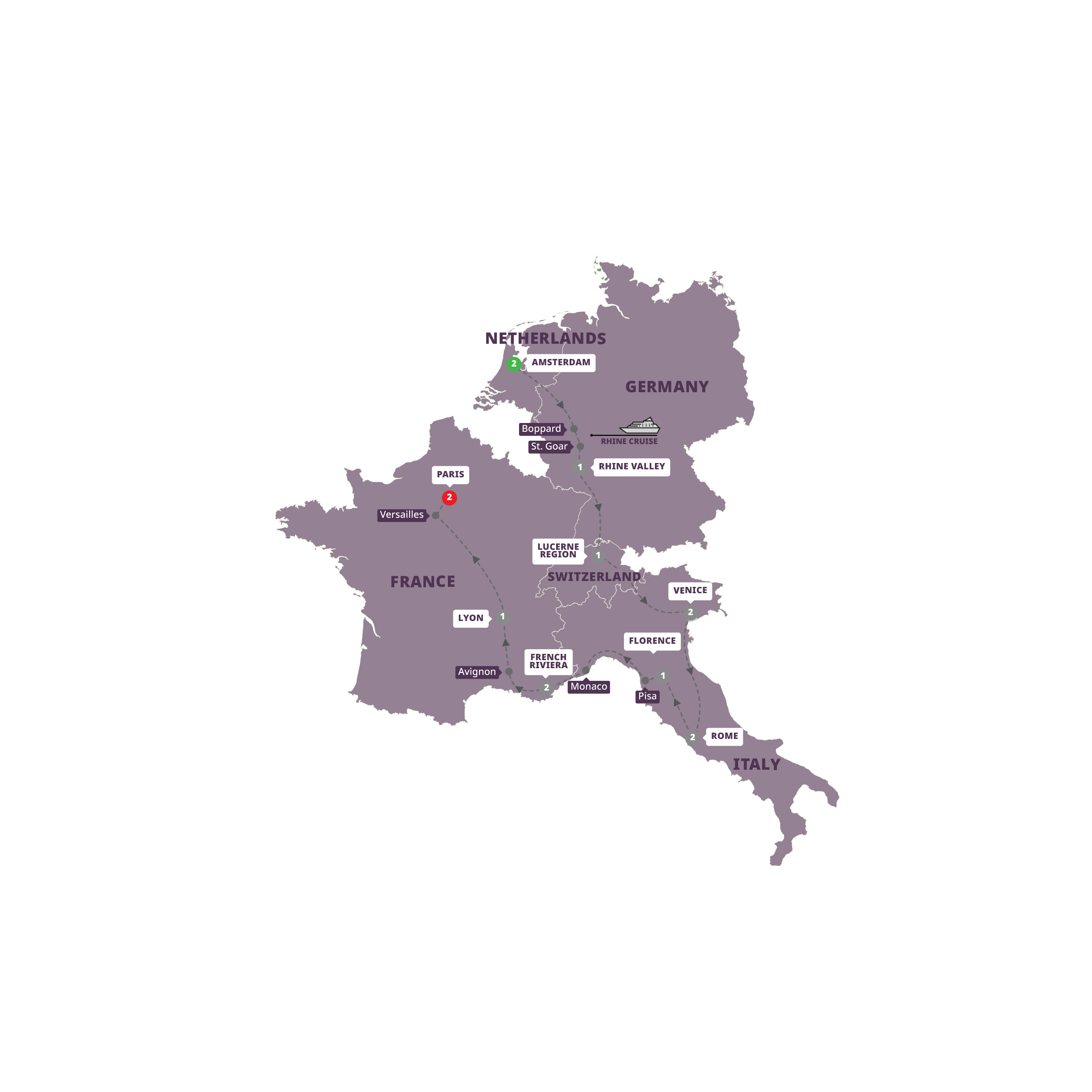 Map of European Accent Start Amsterdam from Trafalgar