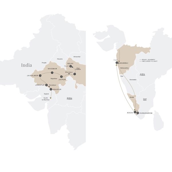 tourhub | Luxury Gold | Imperial Rajasthan with South India Extension | Tour Map