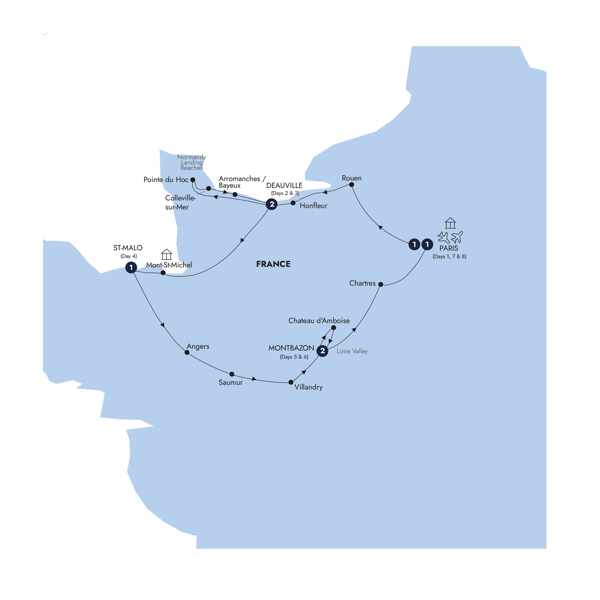 Normandy, Brittany & The Loire Valley Itinerary Map