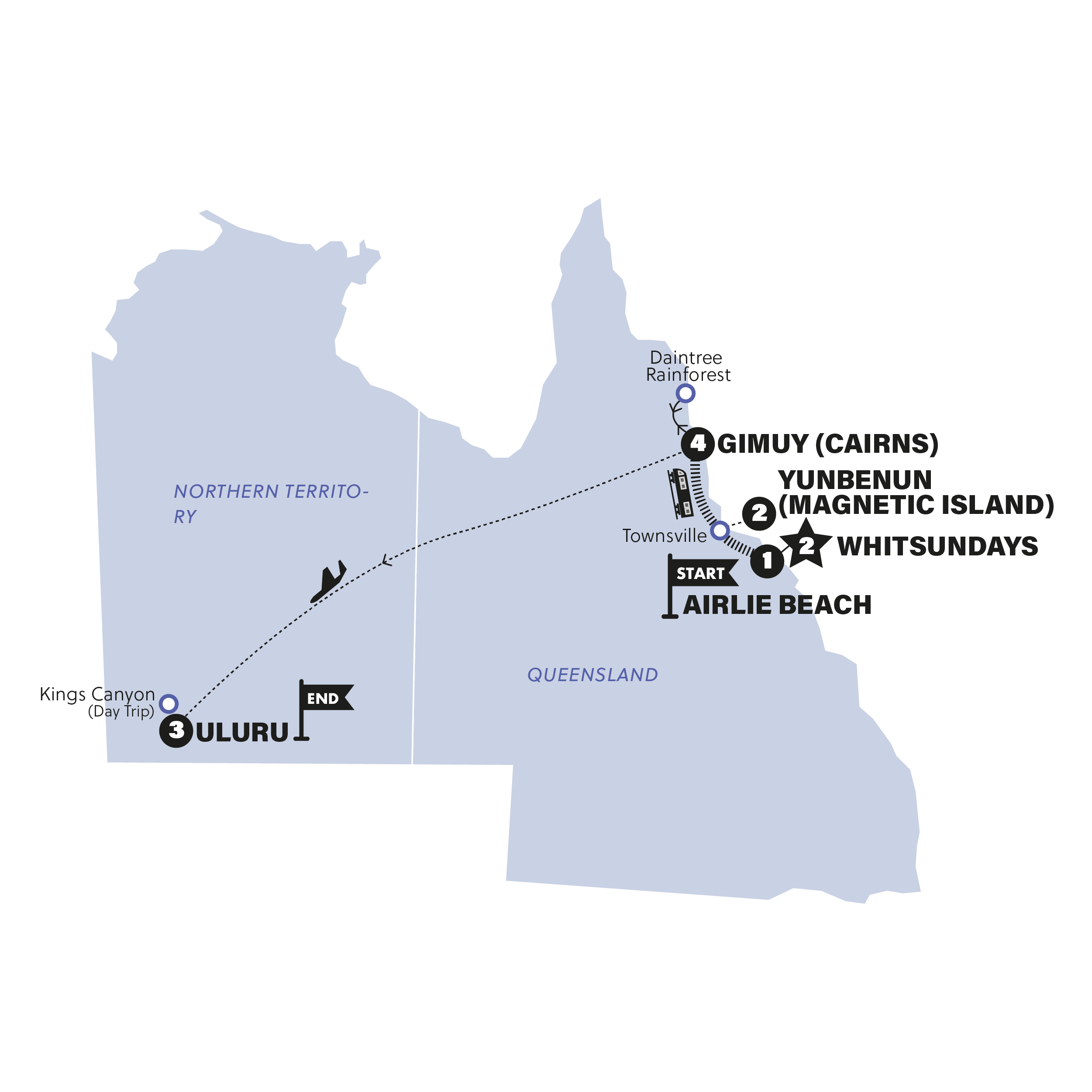 tourhub | Contiki | North Queensland to Uluru | with Sailing | Tour Map