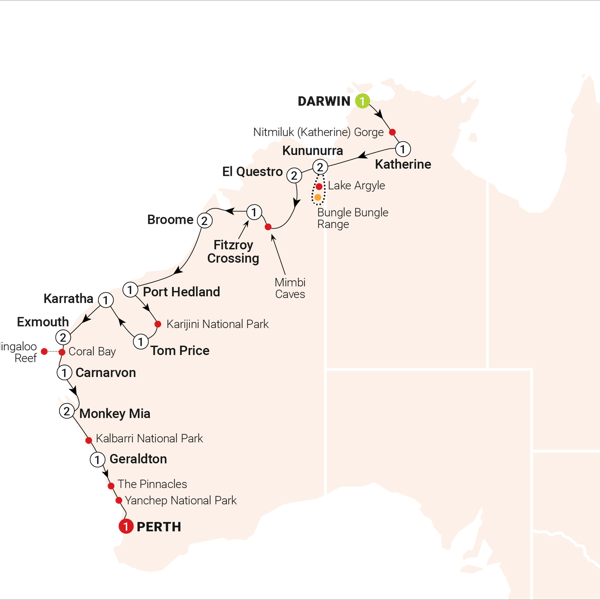 Untamed Kimberley & West Coast Itinerary Map