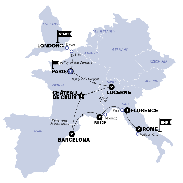 tourhub | Contiki | London to Rome Wanderer (Start Paris, Winter 2024/25) | Tour Map