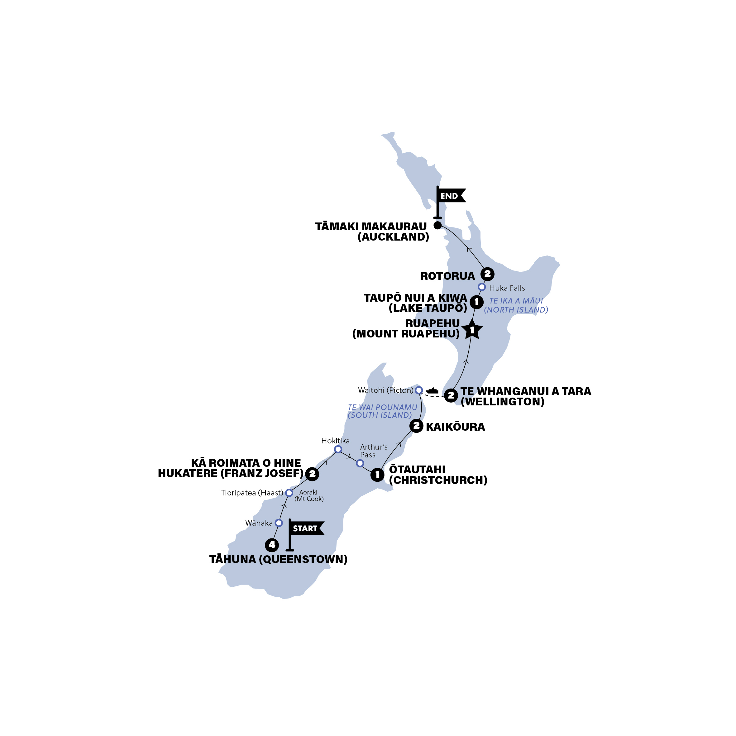 Map of NZ: North & South Island | Northbound | Oct 2026 - May 2027 from Contiki