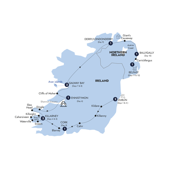 Country Roads of Ireland - End Belfast, Classic Group Itinerary Map